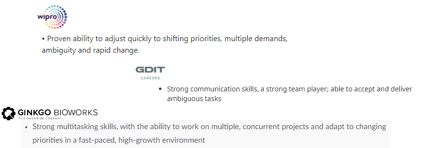 Data quality analyst job posting excerpts: Proven ability to adjust quickly to shifting priorities, multiple demands, ambiguity and rapid change. Strong communication skills, a strong team player; able to accept and deliver ambiguous tasks. Strong multitasking skills, with the ability to work on multiple, concurrent projects and adapt to changing priorities in a fast-paced, high-growth environment.